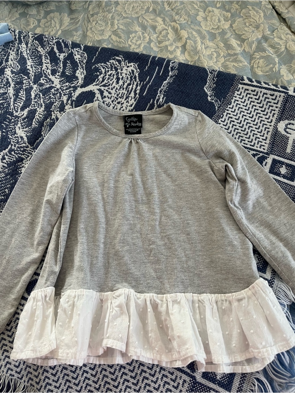 Cynthia Rowley Girls' Gray Long Sleeve Top with White Ruffle Hem